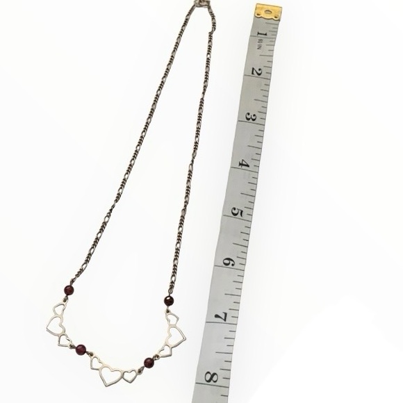 HEART Necklace 925 Sterling Silver Garnet Pearl Multi 3 Heart Spaced 16”L VTG - Picture 5 of 11
